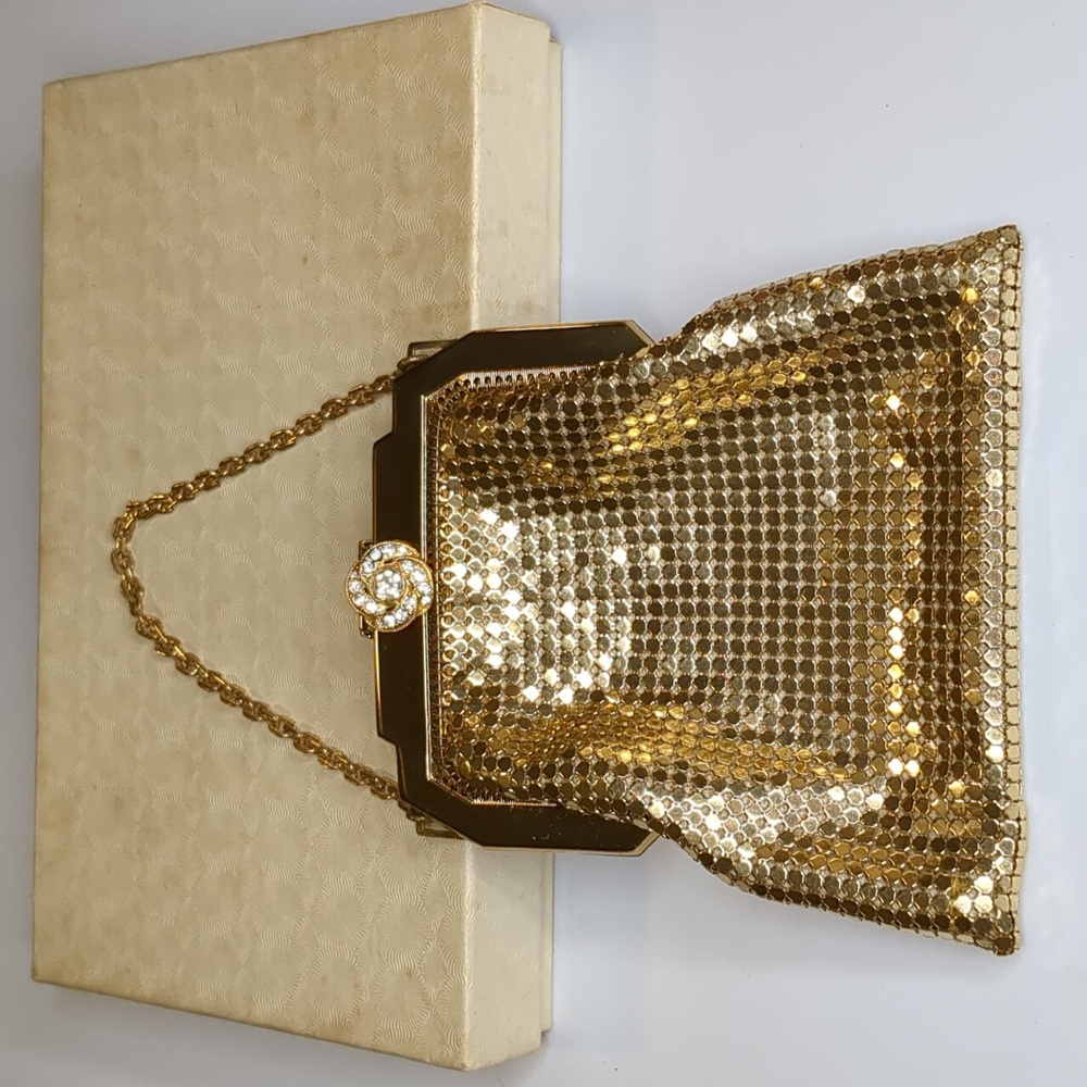 Vintage 40s Whiting & Davis Gold Mesh Evening Bag Flapper Art Deco - In Box
